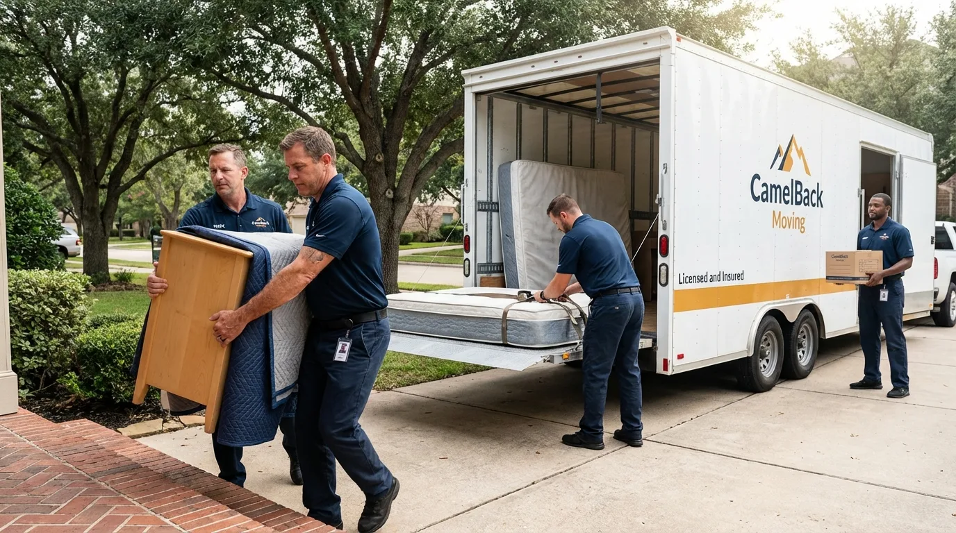 Crew loading residential truck for cross-state move from South Thomaston, ME