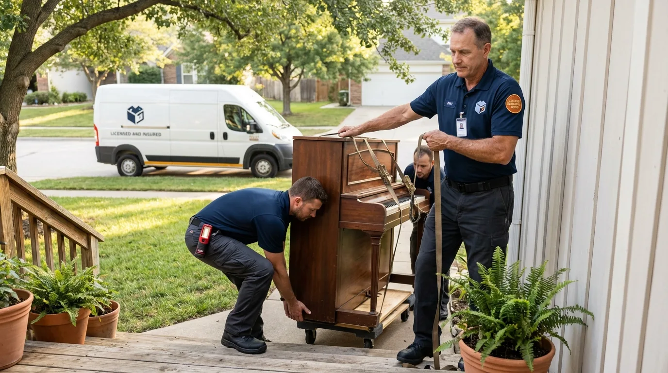 Licensed piano movers securing grand piano in South Thomaston, ME