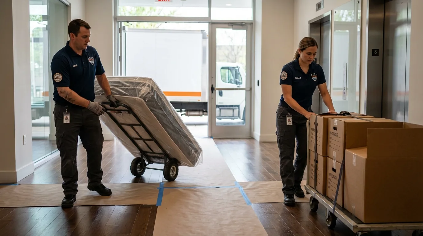 Professional apartment movers loading elevator in South Thomaston, ME