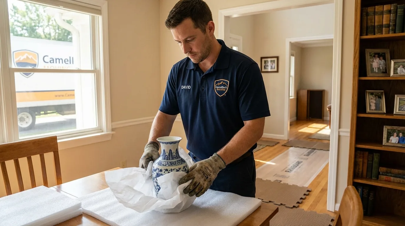 Professional crew carefully wrapping antique vase for senior downsizing move in South Thomaston, ME