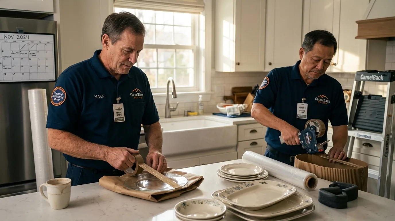 Professional crew packing kitchen dishware in South Thomaston, ME